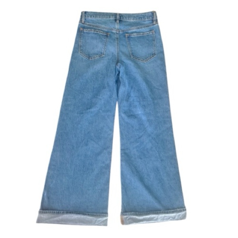 Women’s medium wash blue wide leg jeans, cuffed palazzo denim